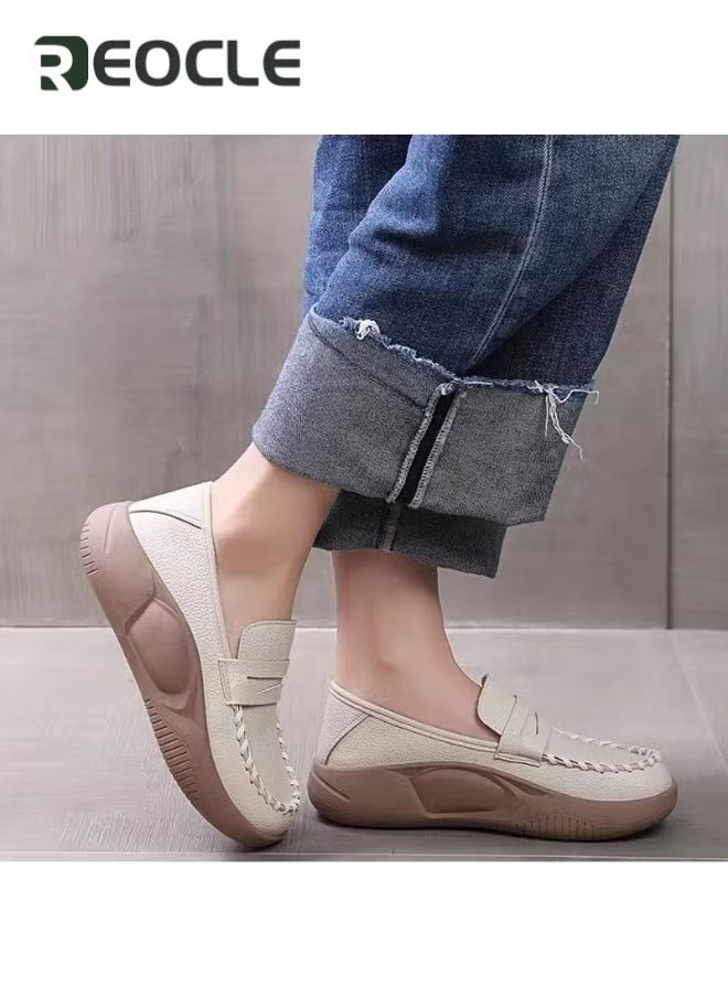 REOCLE Women's Chunky Loafers Platform Comfortable Slip-On Dressy Business Casual Shoes Leather Comfort Casual Platform Shoes - Image 3
