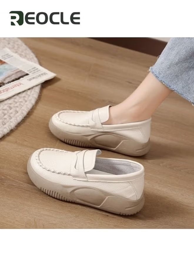 REOCLE Women's Chunky Loafers Platform Comfortable Slip-On Dressy Business Casual Shoes Leather Comfort Casual Platform Shoes - Image 4