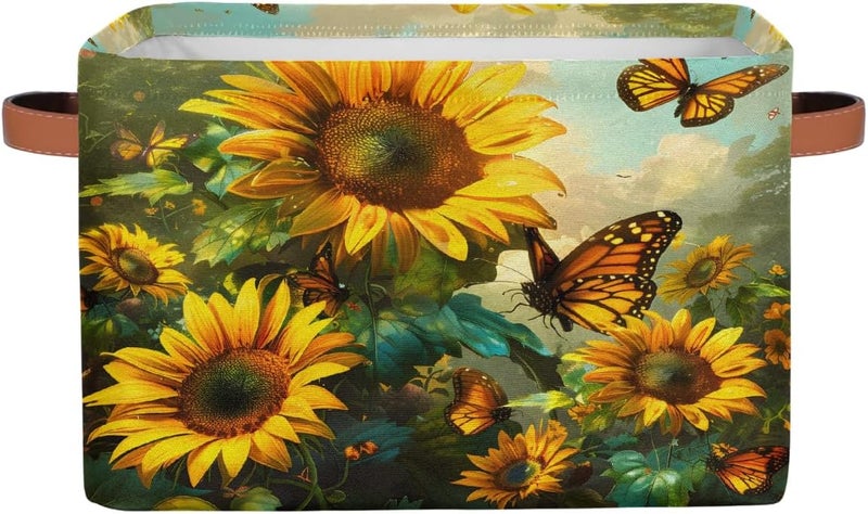Small Storage Basket Foldable Flower Sunflower Butterfly Cube Organizer Bin with Handles Kids Toy Organizer Box Collapsible Fabric Hamper for Nursery Living Room Bedroom Decort Gifts - Image 1