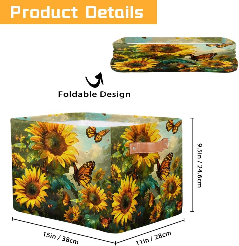 Small Storage Basket Foldable Flower Sunflower Butterfly Cube Organizer Bin with Handles Kids Toy Organizer Box Collapsible Fabric Hamper for Nursery Living Room Bedroom Decort Gifts - Image 2