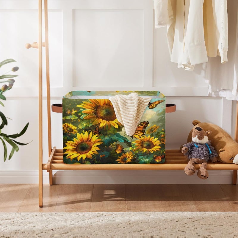 Small Storage Basket Foldable Flower Sunflower Butterfly Cube Organizer Bin with Handles Kids Toy Organizer Box Collapsible Fabric Hamper for Nursery Living Room Bedroom Decort Gifts - Image 5