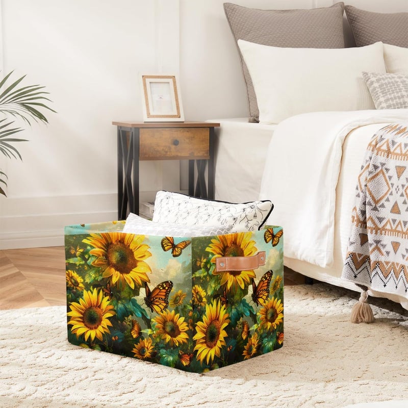 Small Storage Basket Foldable Flower Sunflower Butterfly Cube Organizer Bin with Handles Kids Toy Organizer Box Collapsible Fabric Hamper for Nursery Living Room Bedroom Decort Gifts - Image 4