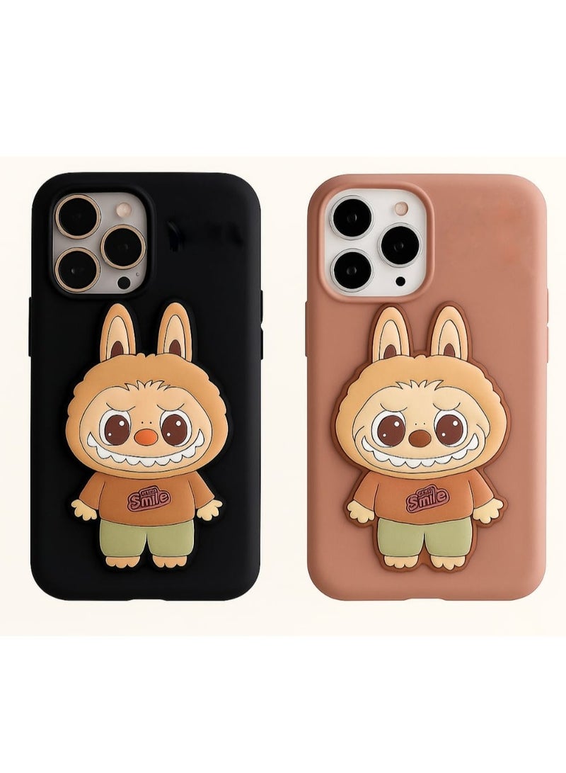 كايس كلوب غطاء سيليكون ثلاثي الأبعاد لطيف من لابوبو باني، قطعتين، لهاتف آيفون 16 برو - غطاء من سلسلة الرسوم المتحركة المبتسمة (عبوة من قطعتين - أسود وبني) - Image 1