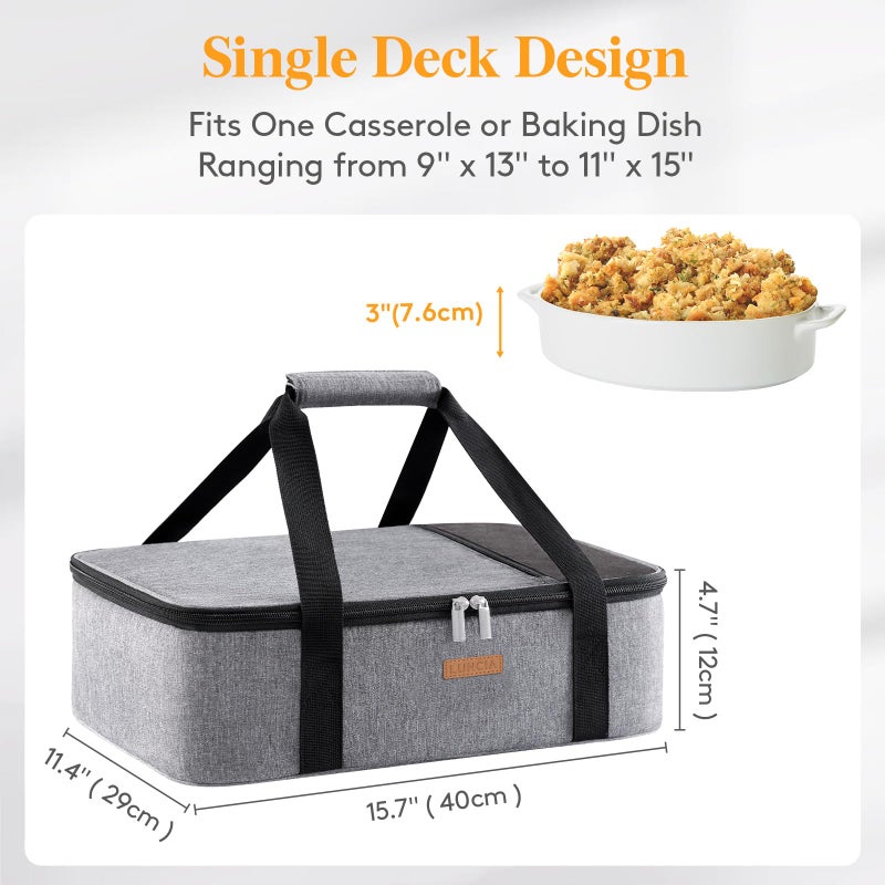 LUNCIA Insulated Casserole Carrier for Hot or Cold Food, Lasagna Lugger Tote for Potluck Parties/Picnic/Cookouts, Fits 9"x13" Baking Dish, Grey - Image 2