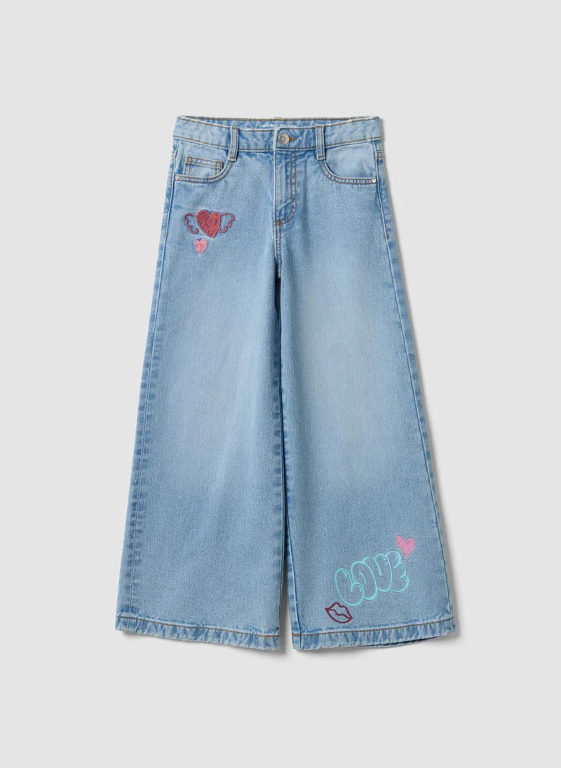 Ovs OVS Girlsâ€™ Pure Cotton Wide-Leg Denim Jeans With Embroidery
