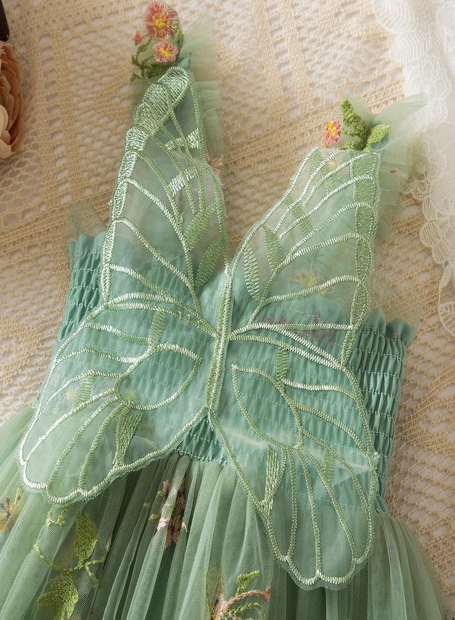 Nileafes فستان نايلفيس للأطفال الرضع بتصميم أميرة خيالية، مزين بتطريزات على شكل فراشة وزهور، مقاس 5Y (4-5 سنوات، 150-أخضر) - Image 5