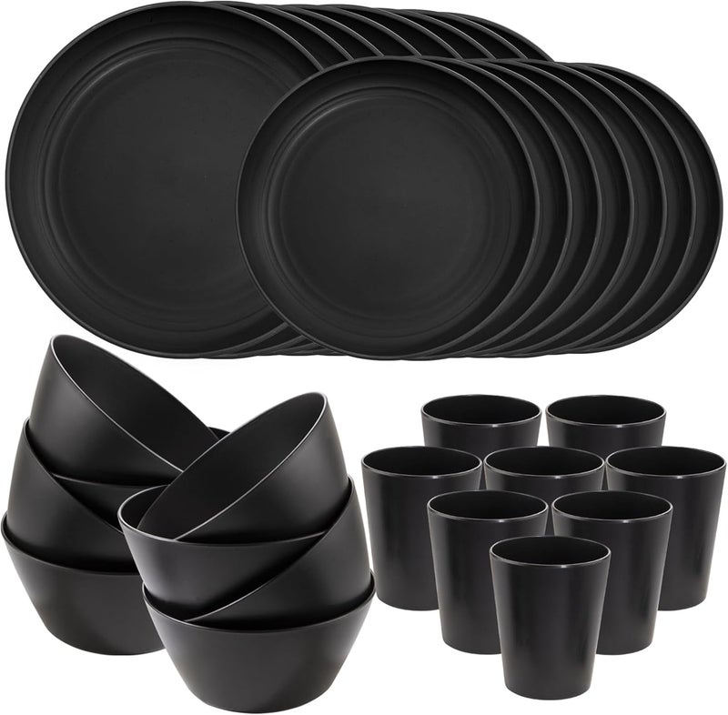 LIYH Love in your heart LIYH 48pcs Black Wheat Straw Plates and Bowls Dinnerware Set Camping Dish Set for 12 Plastic Plates and Bowls Dishwasher Safe Dinnerware Set Unbreakable Plastic Camper Dish Sets - Image 1