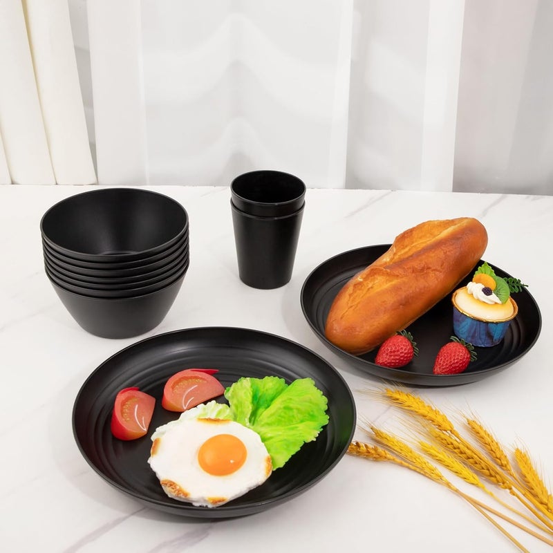 LIYH Love in your heart LIYH 48pcs Black Wheat Straw Plates and Bowls Dinnerware Set Camping Dish Set for 12 Plastic Plates and Bowls Dishwasher Safe Dinnerware Set Unbreakable Plastic Camper Dish Sets - Image 3