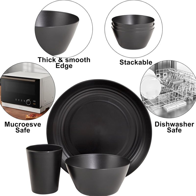 LIYH Love in your heart LIYH 48pcs Black Wheat Straw Plates and Bowls Dinnerware Set Camping Dish Set for 12 Plastic Plates and Bowls Dishwasher Safe Dinnerware Set Unbreakable Plastic Camper Dish Sets - Image 4