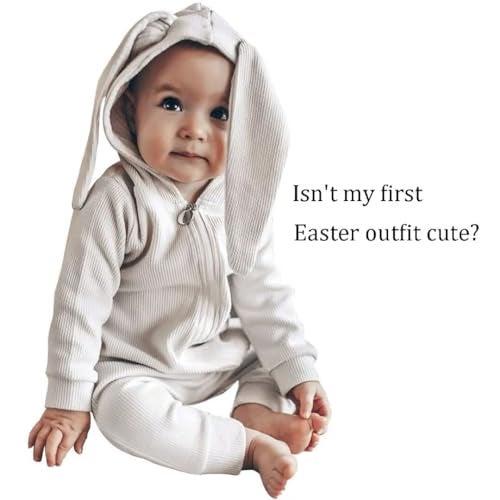 OLLULL Baby Bunny Costume, Girl or Boy Easter Outfit, Unisex Toddler Rabbit Dress Up Romper, Color White 12-18 Months - Image 2