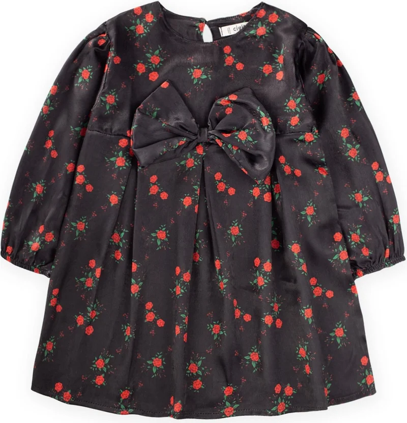 Cigit Satin Girl Dress with Tungsten Pattern 2-8 Years Black