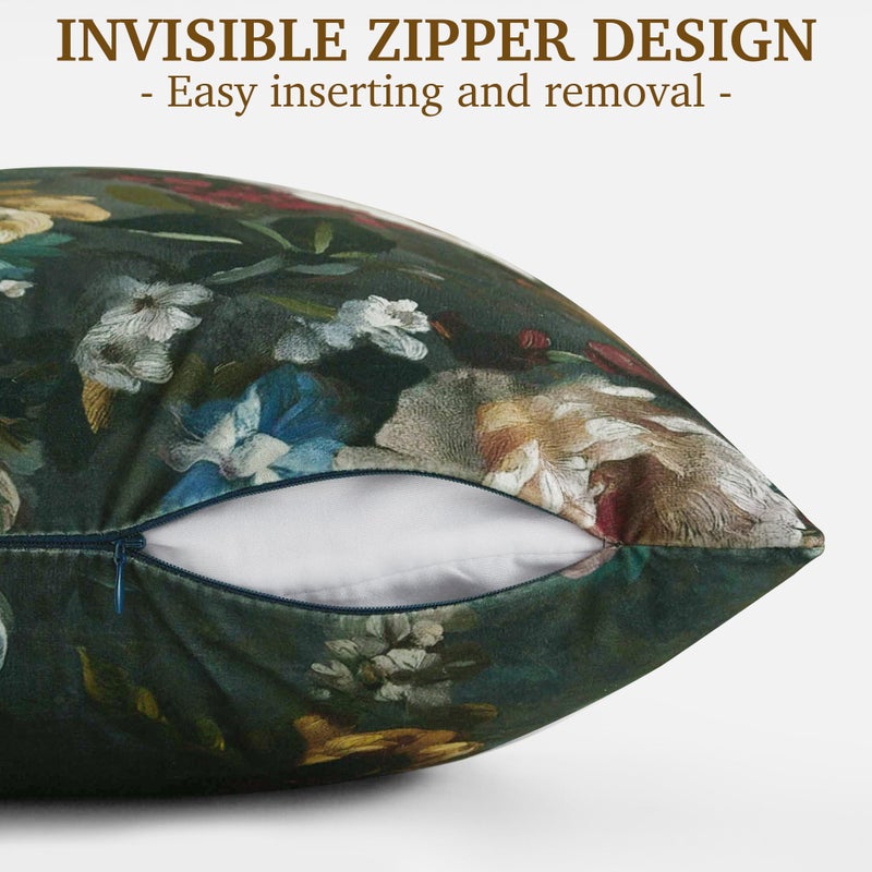 StangH Green Decorative Floral Throw Pillowcases 18x18 inch, Vintage Velvet Patterned Square Cushion Covers Super Soft Farmhouse Boho Printed Pillow Covers for Couch Armchair, Pack of 2 - Image 4