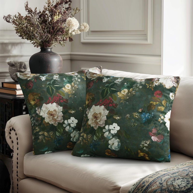 StangH Green Decorative Floral Throw Pillowcases 18x18 inch, Vintage Velvet Patterned Square Cushion Covers Super Soft Farmhouse Boho Printed Pillow Covers for Couch Armchair, Pack of 2 - Image 2