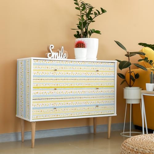 VaryFloral Peel and Stick Floral Striped Wallpaper Blue Yellow Cute Flower Wallpaper Decorative Floral Stripe Contact Paper for Drawer Shelf Removable Botanical Wall Paper for Girls Room 17.7"x472" - Image 4