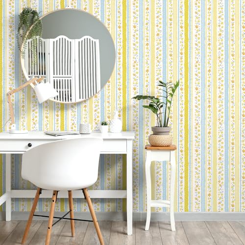 VaryFloral Peel and Stick Floral Striped Wallpaper Blue Yellow Cute Flower Wallpaper Decorative Floral Stripe Contact Paper for Drawer Shelf Removable Botanical Wall Paper for Girls Room 17.7"x472" - Image 2