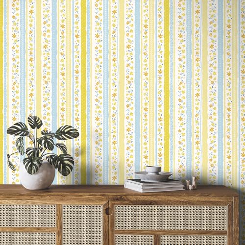 VaryFloral Peel and Stick Floral Striped Wallpaper Blue Yellow Cute Flower Wallpaper Decorative Floral Stripe Contact Paper for Drawer Shelf Removable Botanical Wall Paper for Girls Room 17.7"x472" - Image 5