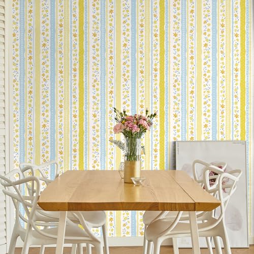 VaryFloral Peel and Stick Floral Striped Wallpaper Blue Yellow Cute Flower Wallpaper Decorative Floral Stripe Contact Paper for Drawer Shelf Removable Botanical Wall Paper for Girls Room 17.7"x472" - Image 3