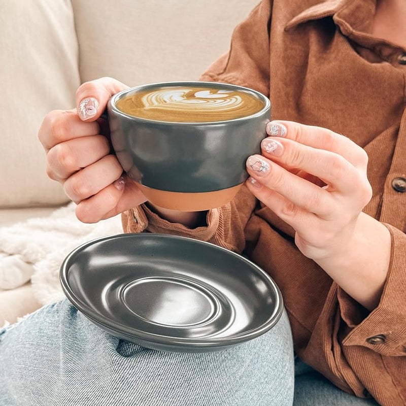 Mora Ceramic Latte Art Mug With Saucer - 10.5 oz, Round Bottom For Perfect Pours - Cafe Cups for Cappuccino, Espresso, Coffee, Tea etc - Porcelain Set for Baristas, Great Gift - Shadow Grey - Image 5