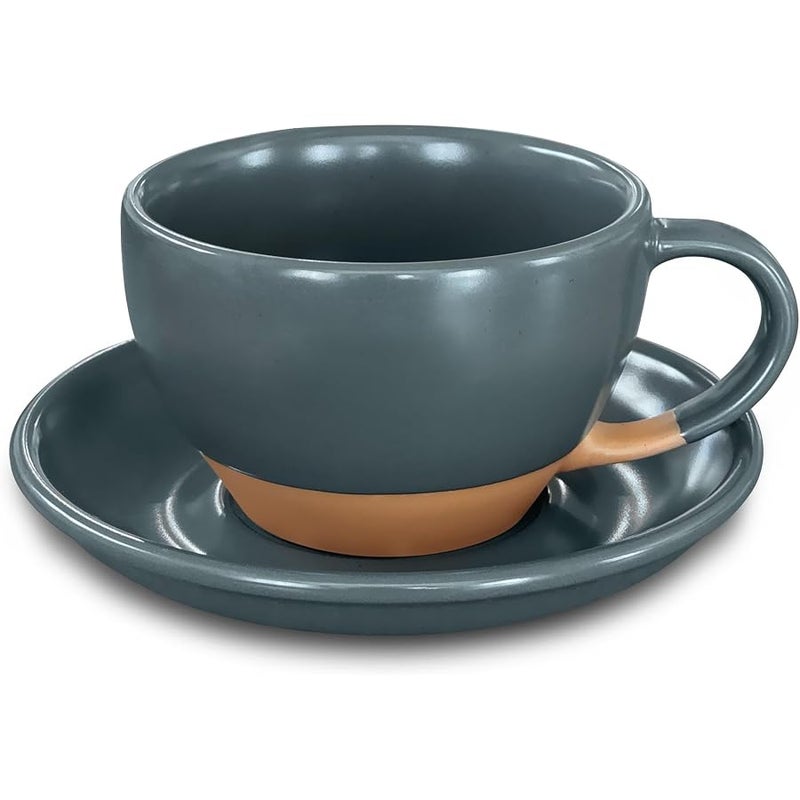 Mora Ceramic Latte Art Mug With Saucer - 10.5 oz, Round Bottom For Perfect Pours - Cafe Cups for Cappuccino, Espresso, Coffee, Tea etc - Porcelain Set for Baristas, Great Gift - Shadow Grey - Image 1