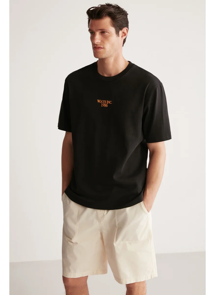 GRIMELANGE Kylee Men's Regular Fit Thick Fabric Embroidered Cotton Black T-Shirt