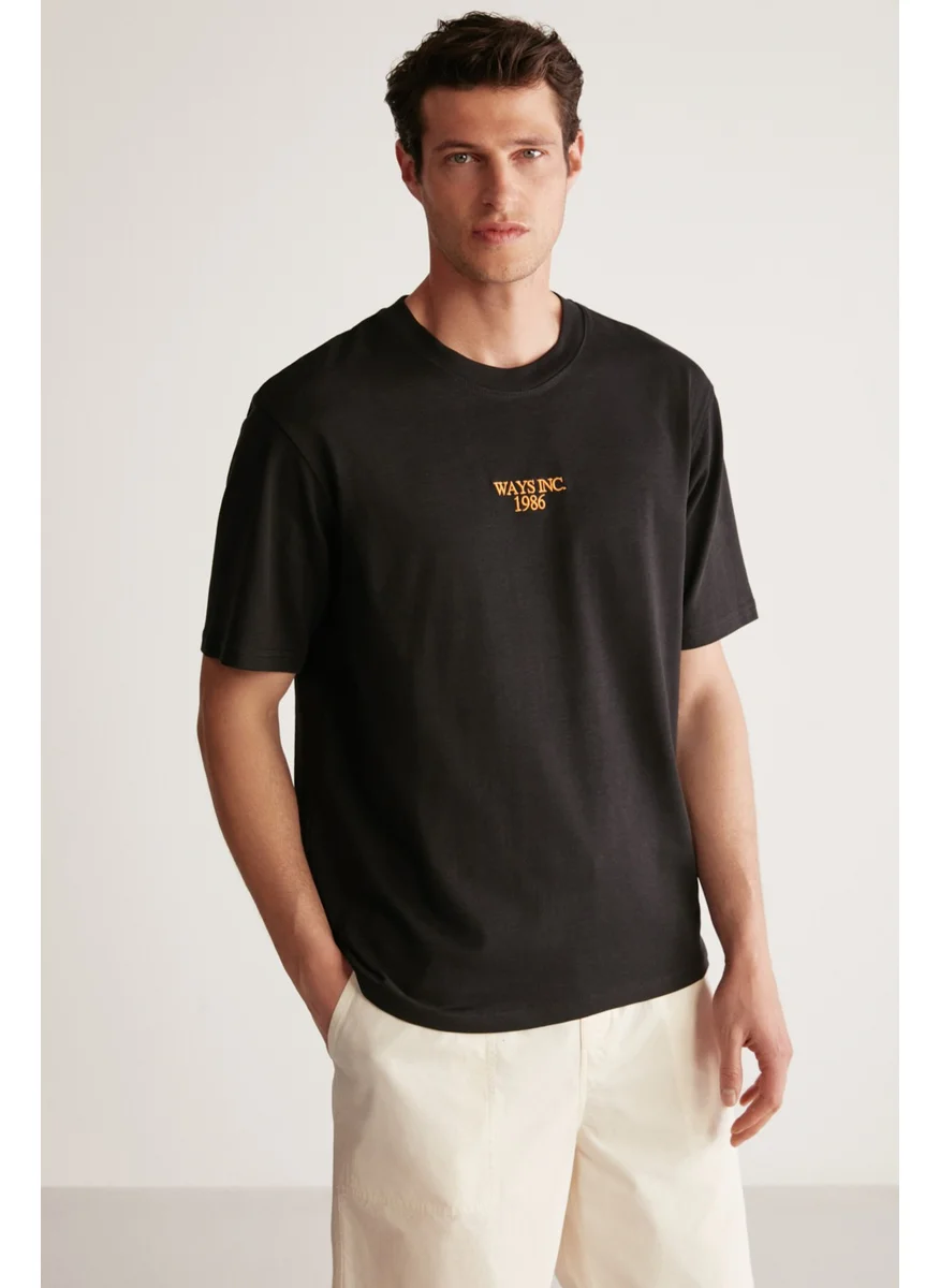 GRIMELANGE Kylee Men's Regular Fit Thick Fabric Embroidered Cotton Black T-Shirt