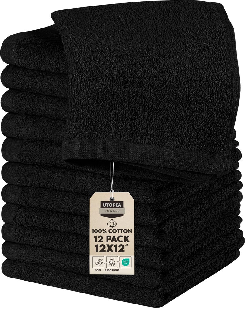 Utopia Towels 12 Pack Cotton Washcloths Set, 100% Ring Spun Cotton, Premium Flannel Face Cloths, Highly Absorbent and Soft Feel Fingertip Towels, Black - Image 1