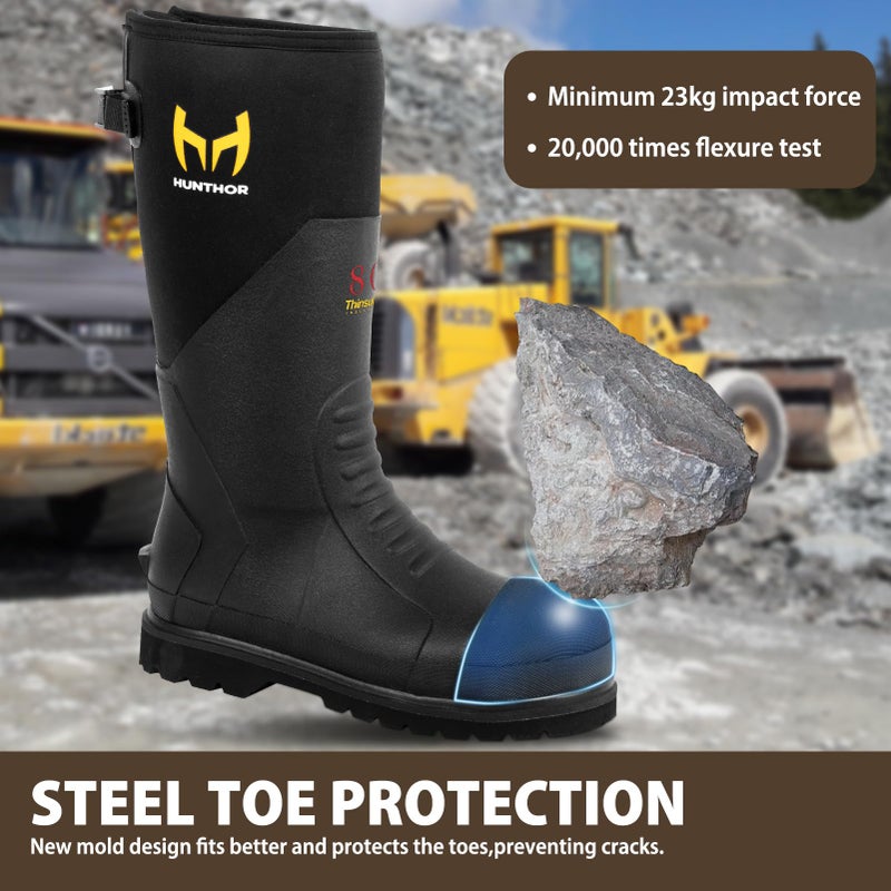 Hunthor Rubber Work Boots with 800g Insulation, Puncture-Proof Steel Toe and Shank, Lightweight EVA Outsole, Waterproof Insulated Neoprene Hunting Boots for Farming and Construction (Black, Size 9) - Image 2