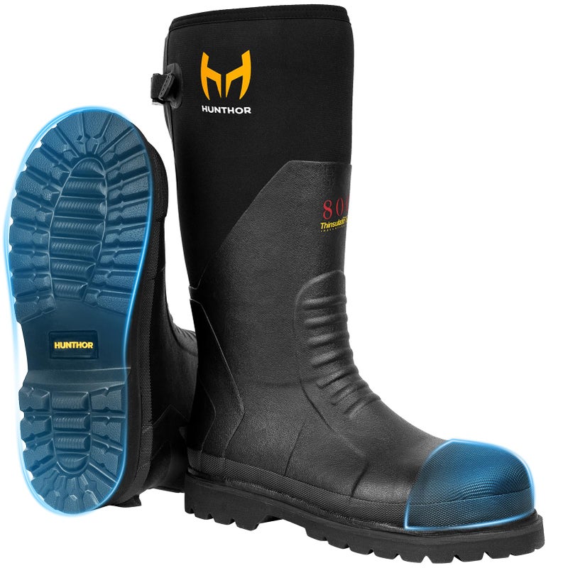 Hunthor Rubber Work Boots with 800g Insulation, Puncture-Proof Steel Toe and Shank, Lightweight EVA Outsole, Waterproof Insulated Neoprene Hunting Boots for Farming and Construction (Black, Size 9) - Image 1