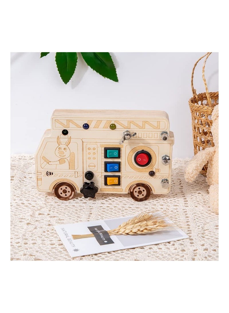 3-in-1 Montessori Busy Board with LED Light, Fire Truck Fine Motor Skills Toys, Wooden Car Busy Board, Screwdriver Mini Set, and Push Buttons for Engaging Learning Activities.  - Image 5