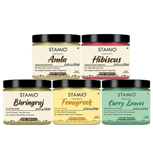 STAMIO Hair Care 5 Products Combo 480 gm - Amla Hibiscus Bhringraj Fenugreek (Methi Dana) Curry Leaves Powder for Mask, Pack, Anti-Dandruff, Shine | Natural Powders Kit | In Jar (100gm X 4 + 80gm) - Image 1