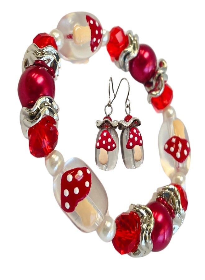 fiona Mushroom Jewelry Set, Red Clear Fungi Bracelet Earring for Women, Birthday Christmas Gift for Her, 1 Set - Image 1