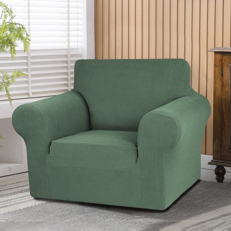 KEKUOU Stretch Single Sofa Slipcover 1 Piece Couch Sofa Cover (32""-55"") Furniture Protector 1 Seater Sofa with Elastic Bottom for Kids Pet.Jacquard Small Checked Pattern Fabric(Small Greyish Green) - Image 2