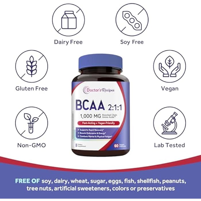 Doctor's Recipes BCAA 1000 mg, 2:1:1 Ratio, L-Leucine, L-lsoleucine, L-Valine, Branched Chain Amino Acids, Fast Recovery, Endurance, Energy, Vegan, 60 Capsules - Image 5