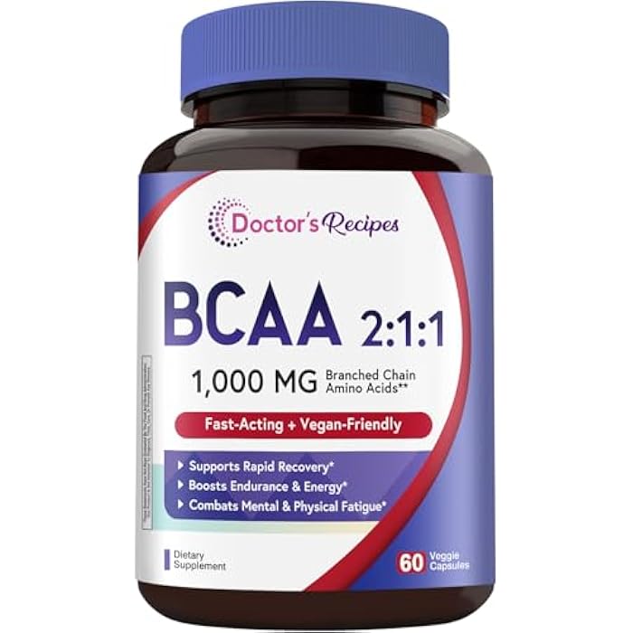 Doctor's Recipes BCAA 1000 mg, 2:1:1 Ratio, L-Leucine, L-lsoleucine, L-Valine, Branched Chain Amino Acids, Fast Recovery, Endurance, Energy, Vegan, 60 Capsules - Image 1