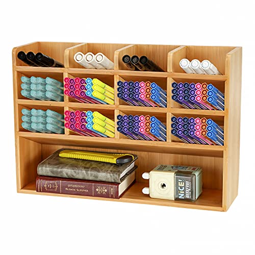 Dicunoy Desktop Pen Holder Organizer, Bamboo Art Supply Storage Caddy Holds 300 Pencils, 13 Compartments Thick Pencil Holder Box for Color Pencils, School, Classroom, Office - Image 1