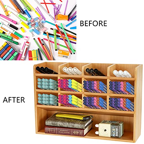 Dicunoy Desktop Pen Holder Organizer, Bamboo Art Supply Storage Caddy Holds 300 Pencils, 13 Compartments Thick Pencil Holder Box for Color Pencils, School, Classroom, Office - Image 5