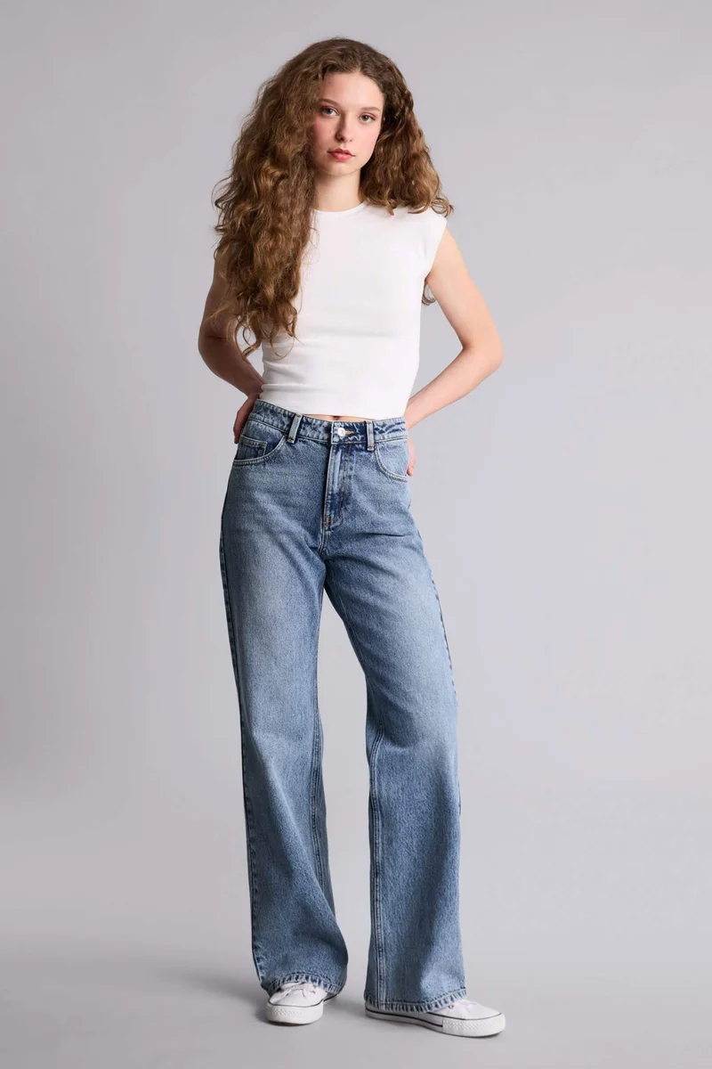 Defacto 100% Cotton Straight WideLeg High Waist Jeans