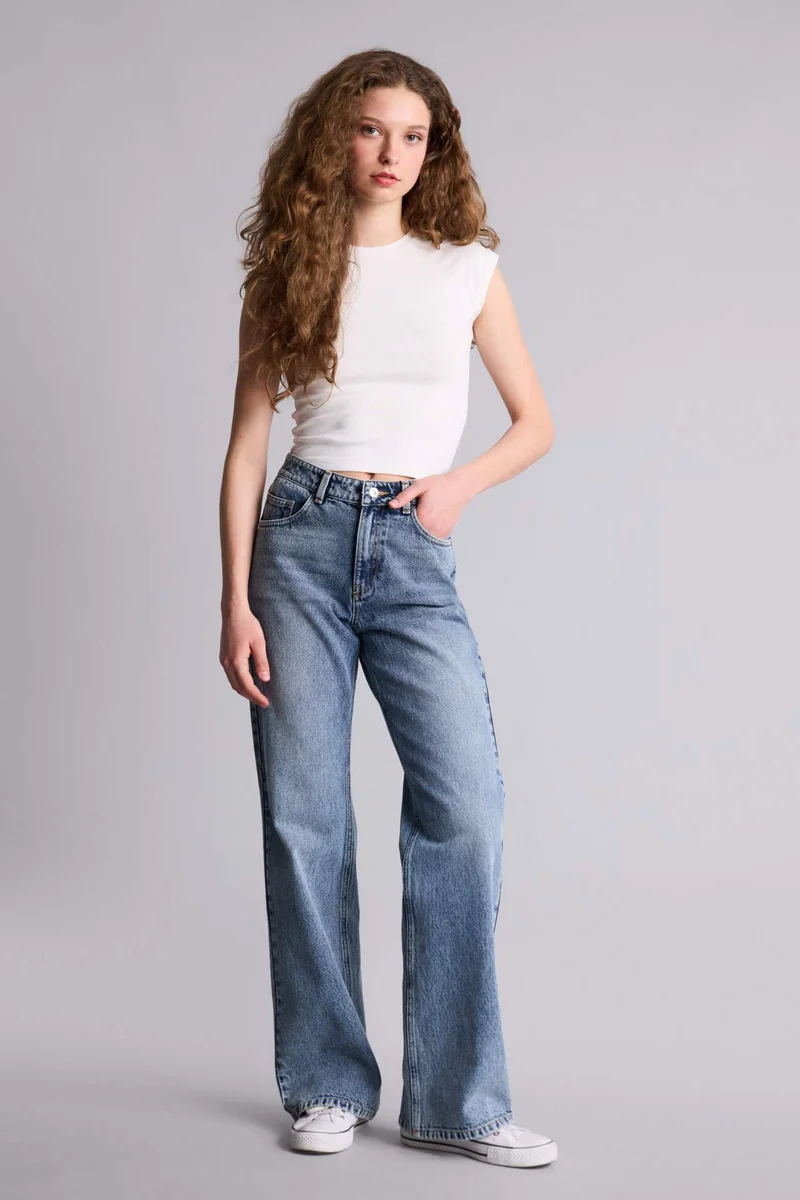 Defacto 100% Cotton Straight WideLeg High Waist Jeans