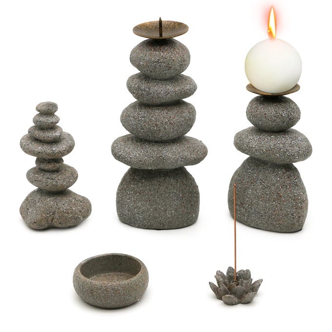 ROCK CAIRNS CANDLE HOLDER TAPER PILLAR CANDLE STICK HOLDER SET OF 5 BALANCE STONES CANDLESTICK HOLDERS CANDLELIGHT STAND FOR ZEN GARDEN ALTAR MANTLE YOGA HOME DECORATION MEDITATION GIFT