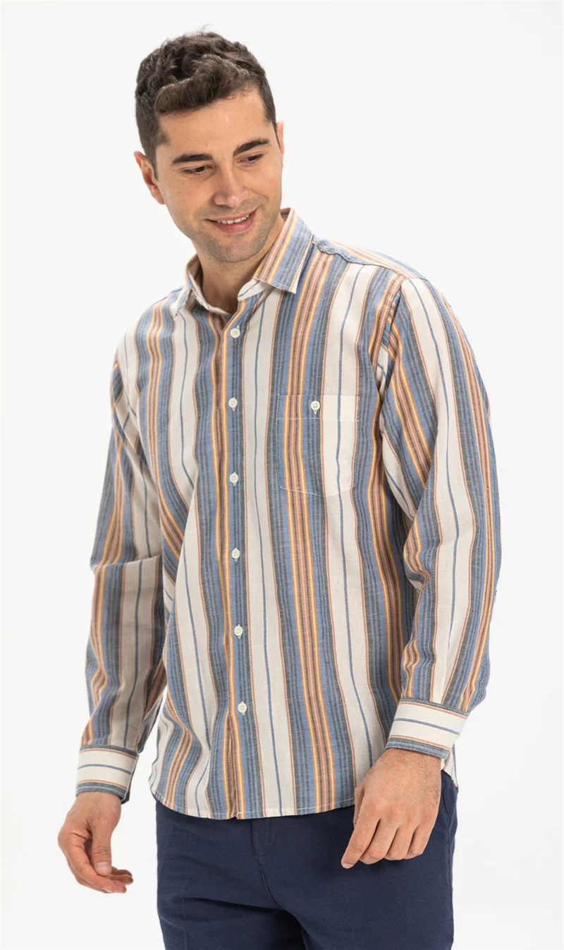 Eliş Şile Bezi Long Sleeve Şile Cloth Single Pocket Men's Shirt Blue Gray Striped 3037