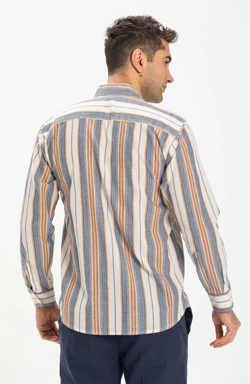 Eliş Şile Bezi Long Sleeve Şile Cloth Single Pocket Men's Shirt Blue Gray Striped 3037