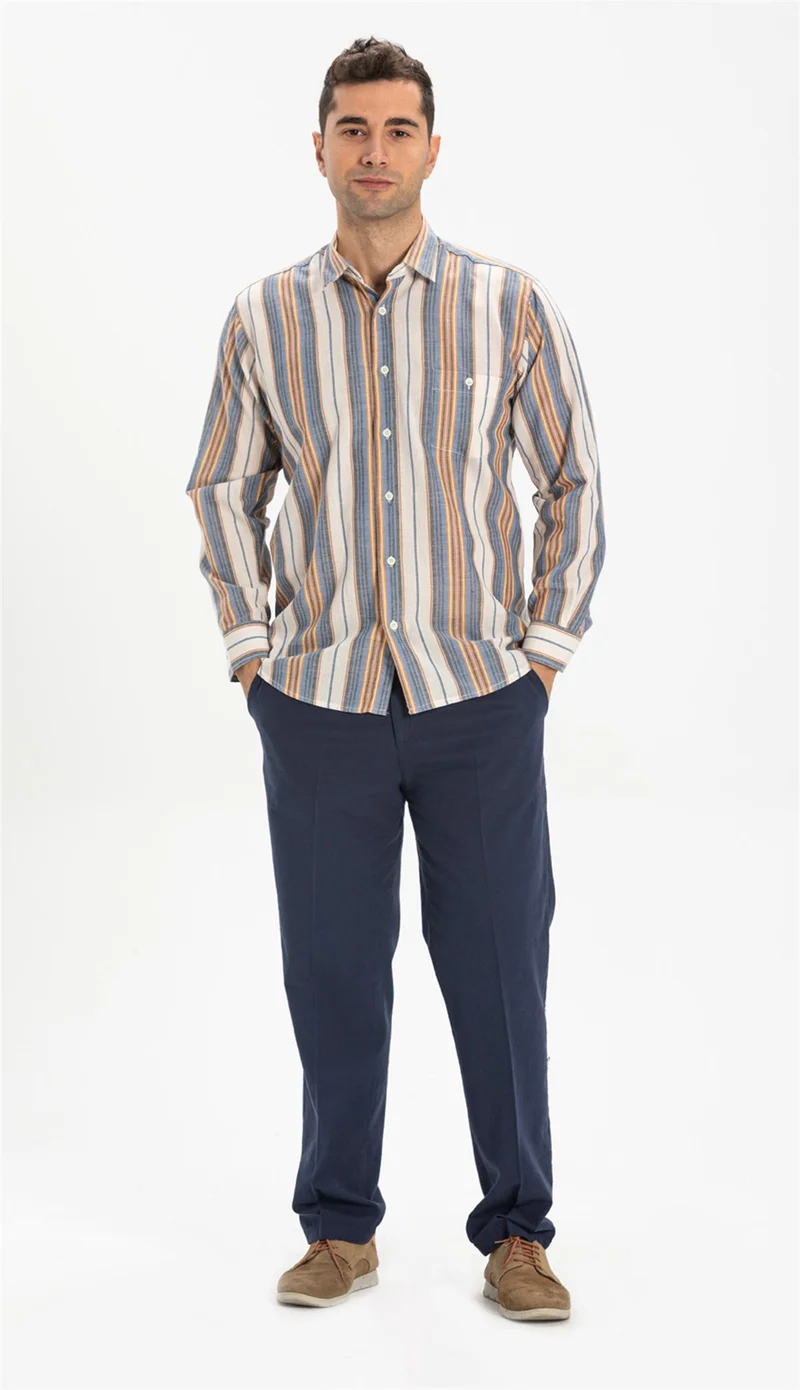 Eliş Şile Bezi Long Sleeve Şile Cloth Single Pocket Men's Shirt Blue Gray Striped 3037
