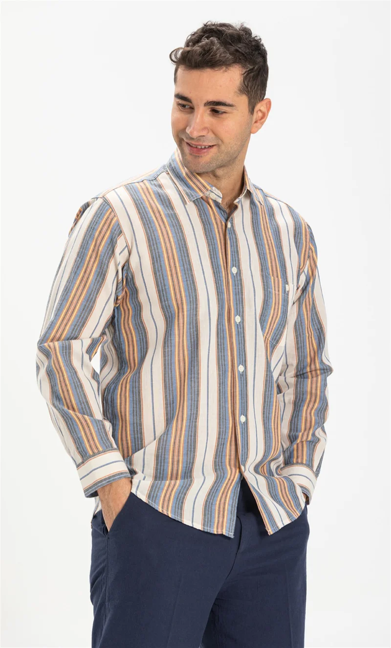 Eliş Şile Bezi Long Sleeve Şile Cloth Single Pocket Men's Shirt Blue Gray Striped 3037