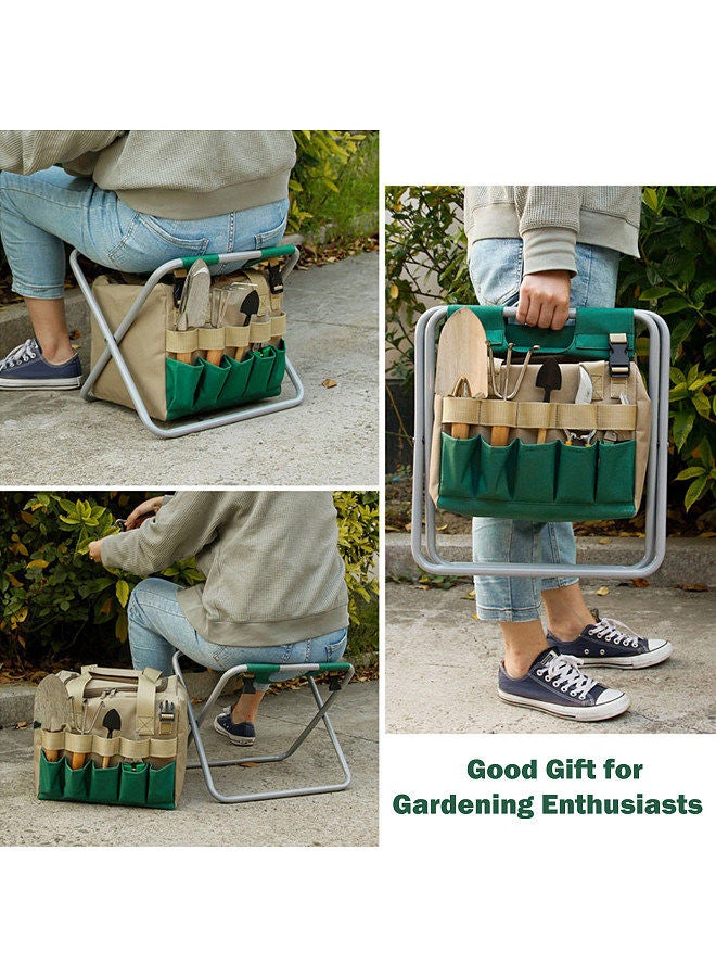 Generic Gardening Tote Bag with Folding Stool Hand Tool Storage Bag Gardening Tool Kit Organizer Lawn Yard Bag Carrier  - Image 5