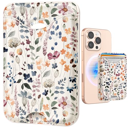 Shorogyt Compatible with Magsafe Wallet Magnetic Card Holder - Watercolor Flower Phone Wallets for Women Teen Girls Cute for iPhone 17/16/15/14/13/12 Series Slim for Apple Mag Magnet, Fit 3 Cards - Image 1