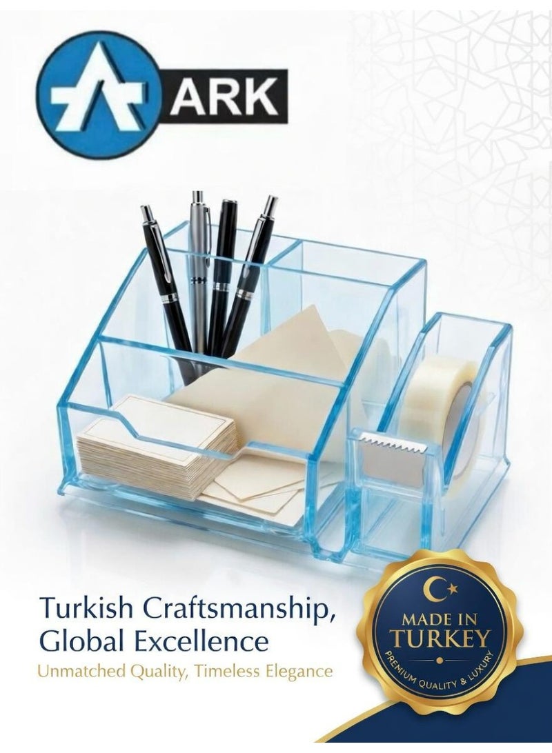 ارك منظم مكتب أكريليك متعدد الوظائف من ARK – حامل أقلام وملاحظات مع موزع شريط لاصق مدمج – صناعة تركية فاخرة - لون أزرق شفاف كريستالي - Image 1