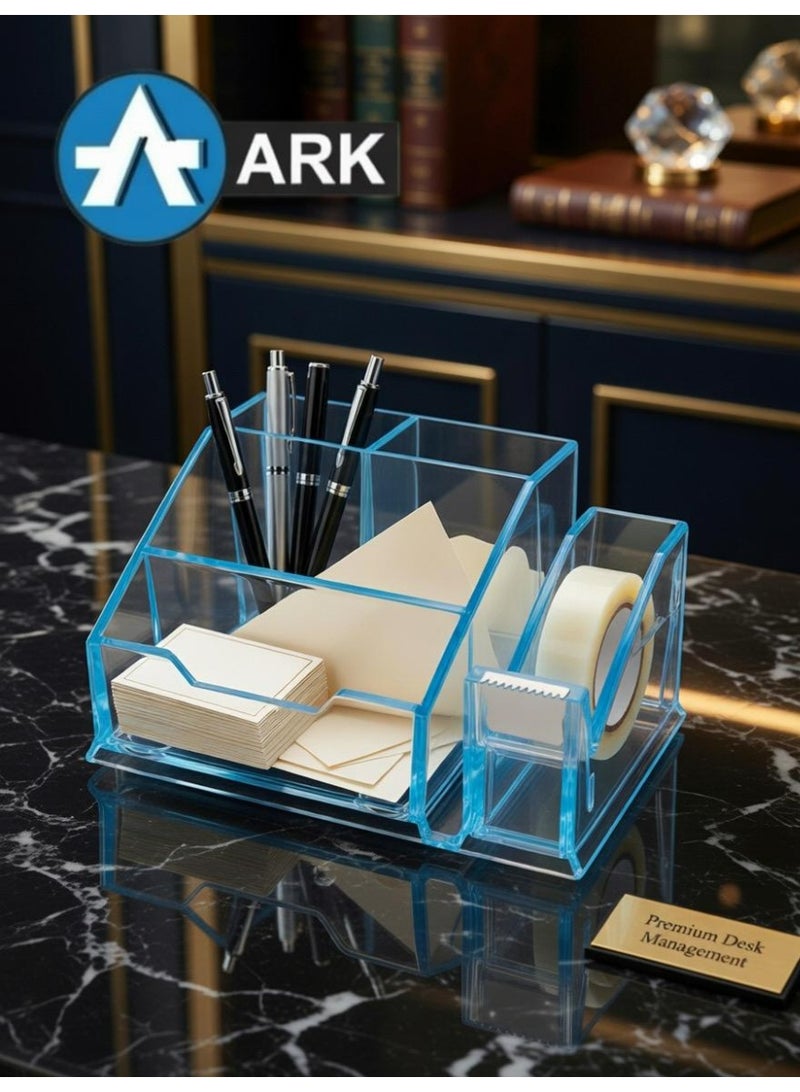 ارك منظم مكتب أكريليك متعدد الوظائف من ARK – حامل أقلام وملاحظات مع موزع شريط لاصق مدمج – صناعة تركية فاخرة - لون أزرق شفاف كريستالي - Image 5