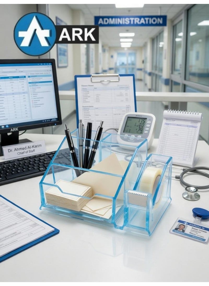 ارك منظم مكتب أكريليك متعدد الوظائف من ARK – حامل أقلام وملاحظات مع موزع شريط لاصق مدمج – صناعة تركية فاخرة - لون أزرق شفاف كريستالي - Image 4