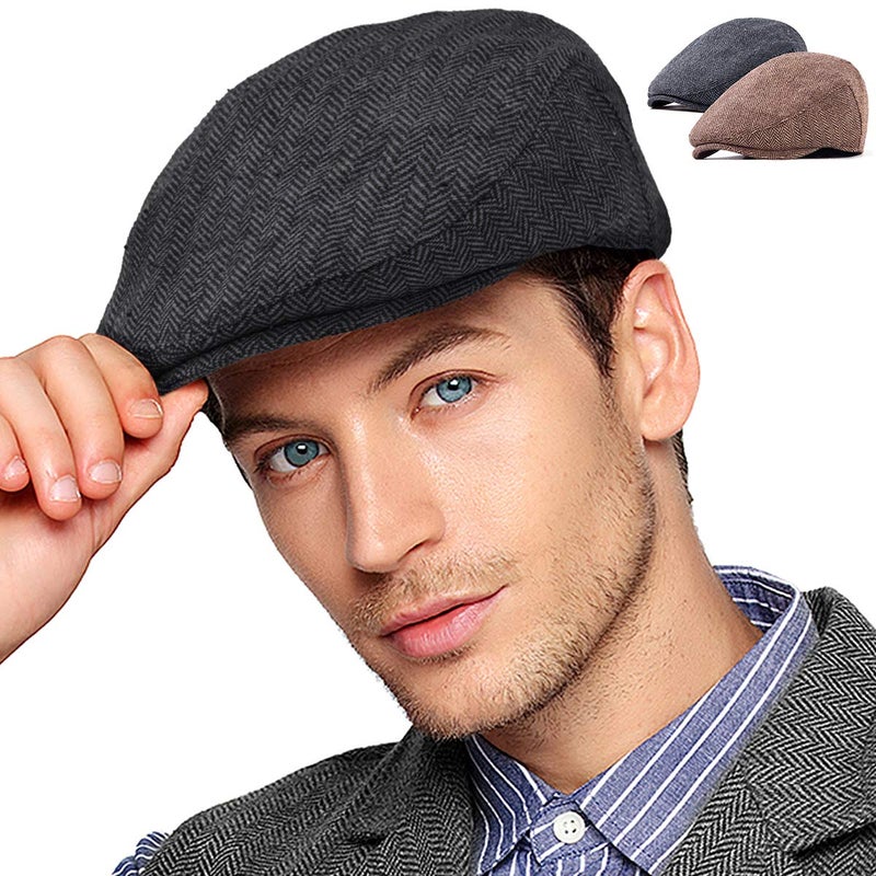 LADYBRO 2Pack Retro Newsboy Flat Cap for Men Hat Wool Blend (Black+Brown, L/XL, 7 5/8) - Image 1
