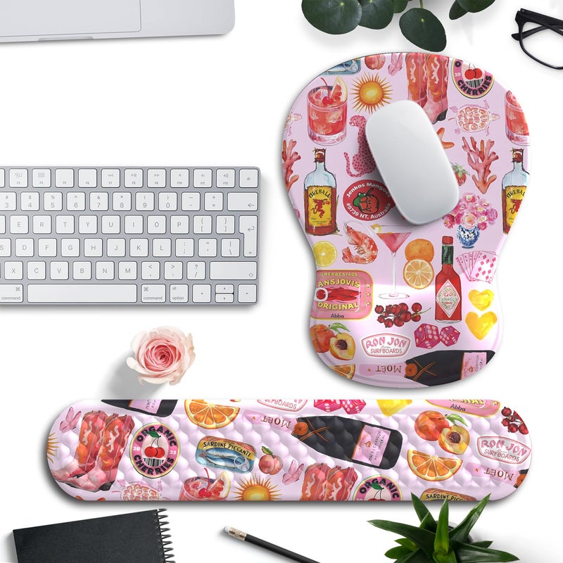 Mechanical Cattle Cute Pink Mouse Pad and Keyboard with Wrist Rest Ergonomic Aesthetic Gaming Mouse Pads, Best Desk Decor Office Cute Pink Desk Accessories Mouse Pad with Wrist Rest, Vacation Style Soft Gel Material - Image 1
